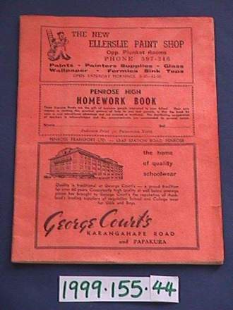 exercise book, Glenys Anne Drapery advertisement, c1950s [1999.155.44] front view